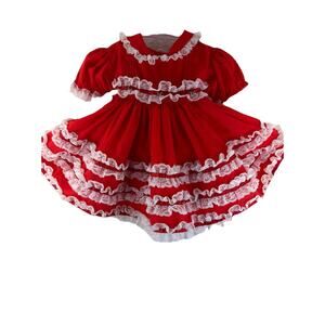 Vtg Mary Louise Original Ruffled Red Circle Dress Girls Size 18 Month Lace Party
